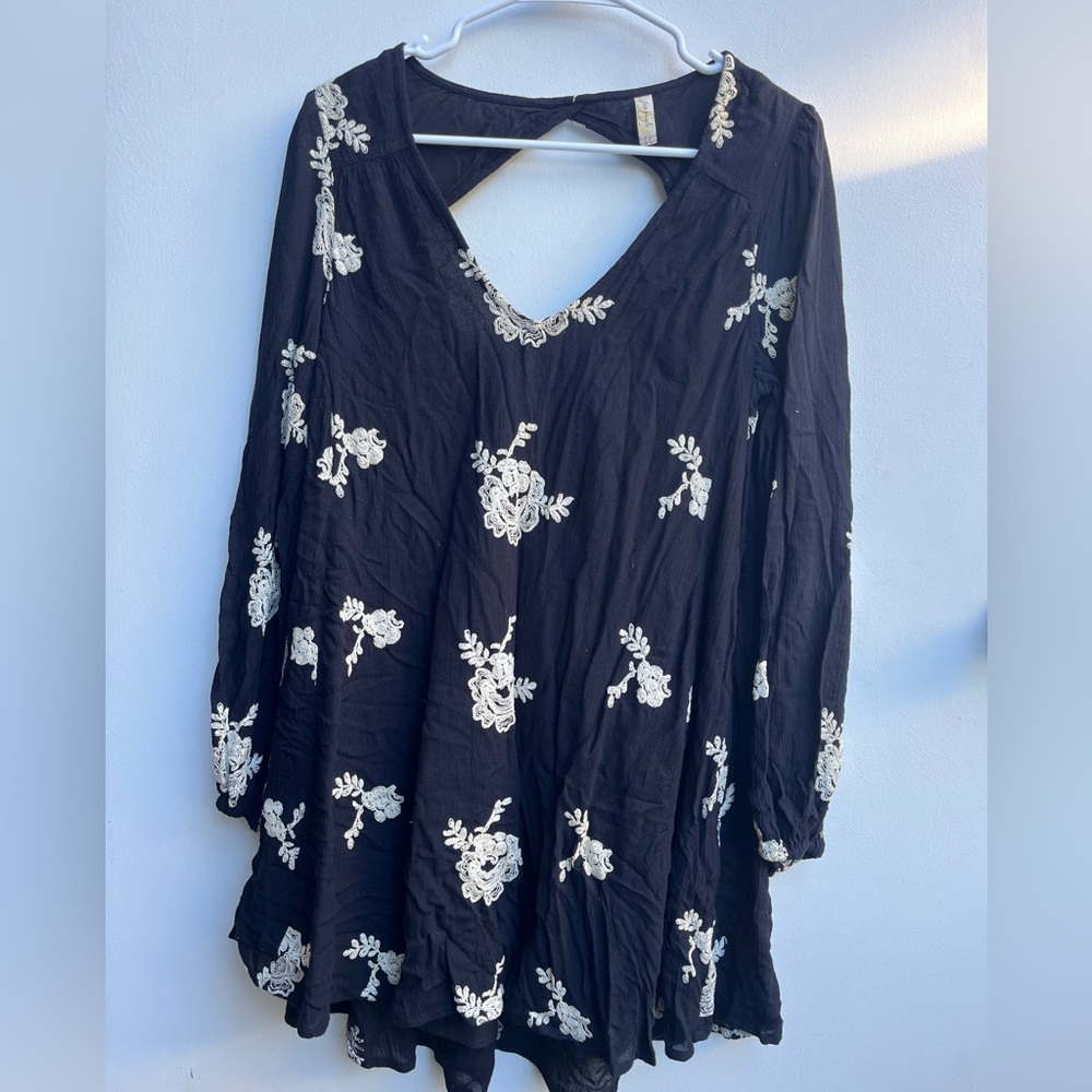 Free People Black Long Sleeve Tunic Dress with Cream Floral Embroidery